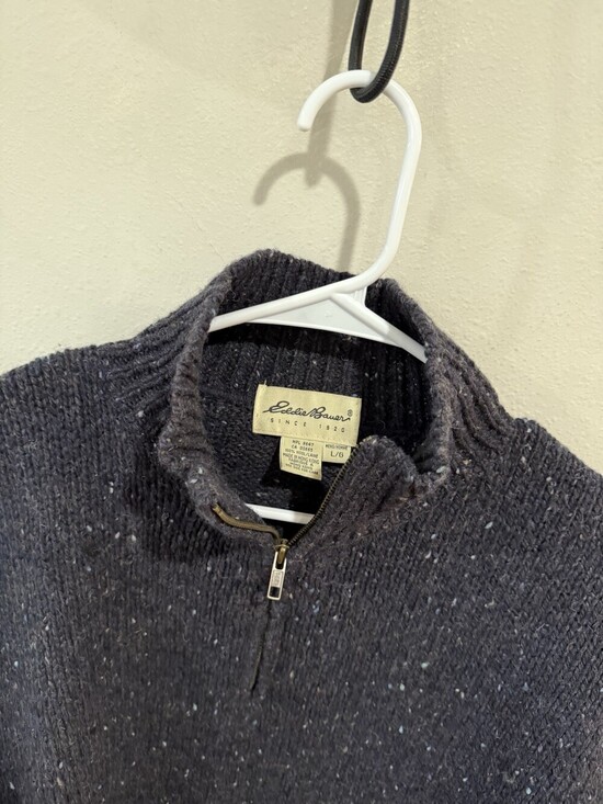 Vintage Eddie Bauer Winter 100% Wool Sweater Mens L Large 1/4 Zip Pullover Black - Picture 2 of 3